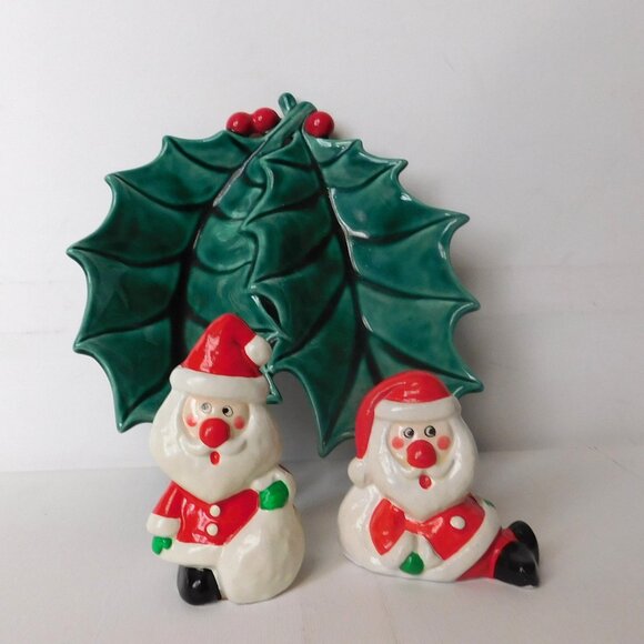 Green Holly Leaf Berry Stem Christmas Candy Dish & Santa Figurine Set Vintage - Picture 13 of 13